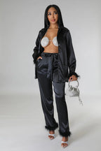 Classy Satin - Fur 2 Piece Pants Set