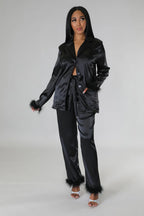 Classy Satin - Fur 2 Piece Pants Set