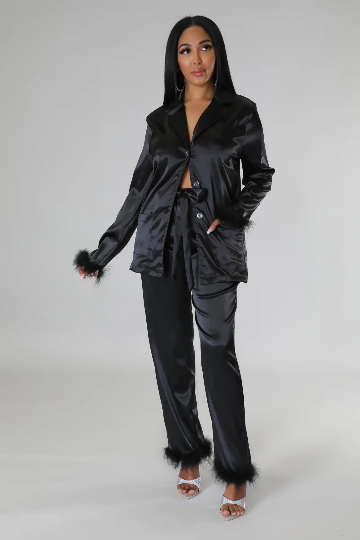 Classy Satin - Fur 2 Piece Pants Set