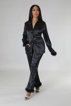 Classy Satin - Fur 2 Piece Pants Set