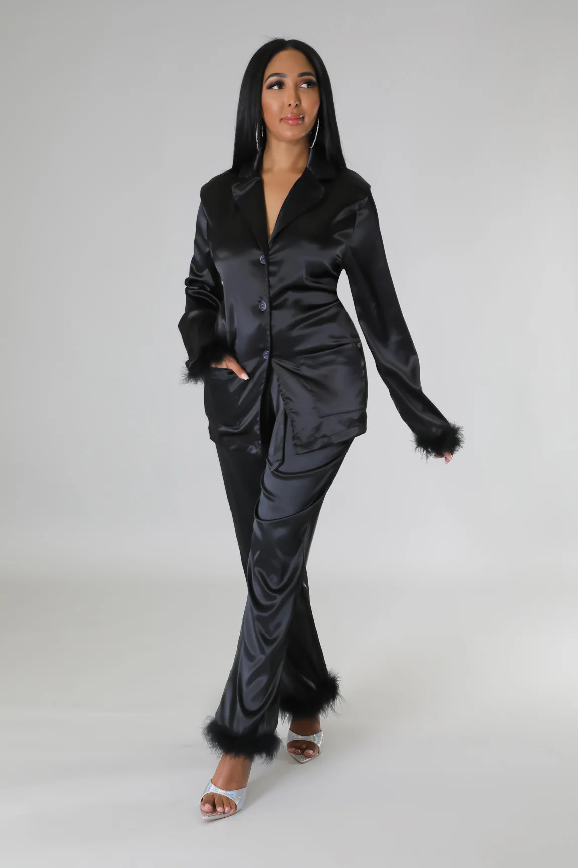 Classy Satin - Fur 2 Piece Pants Set