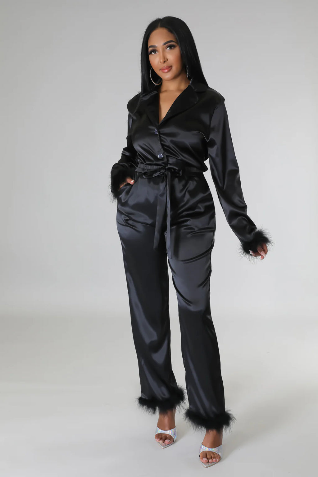Classy Satin - Fur 2 Piece Pants Set