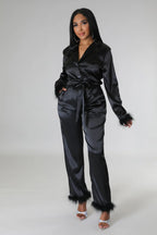 Classy Satin - Fur 2 Piece Pants Set