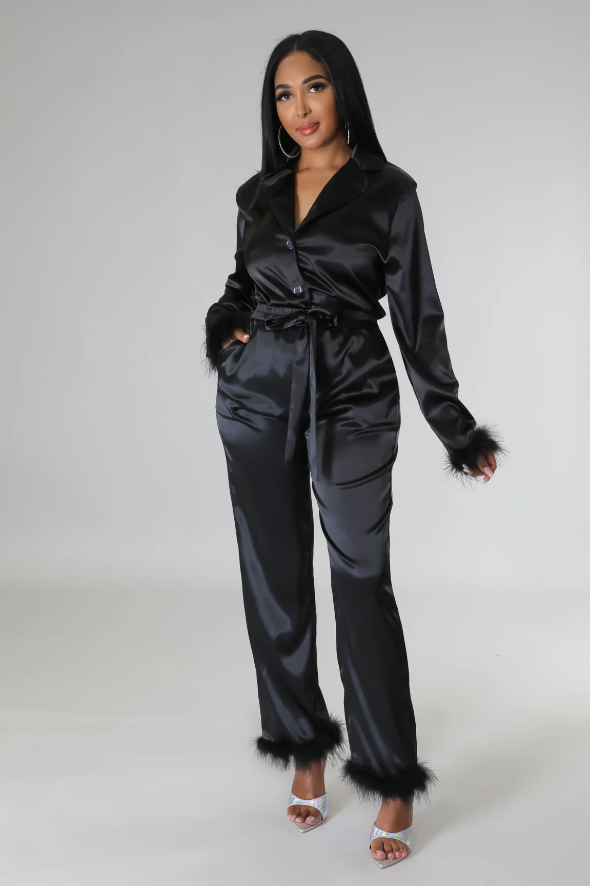Classy Satin - Fur 2 Piece Pants Set