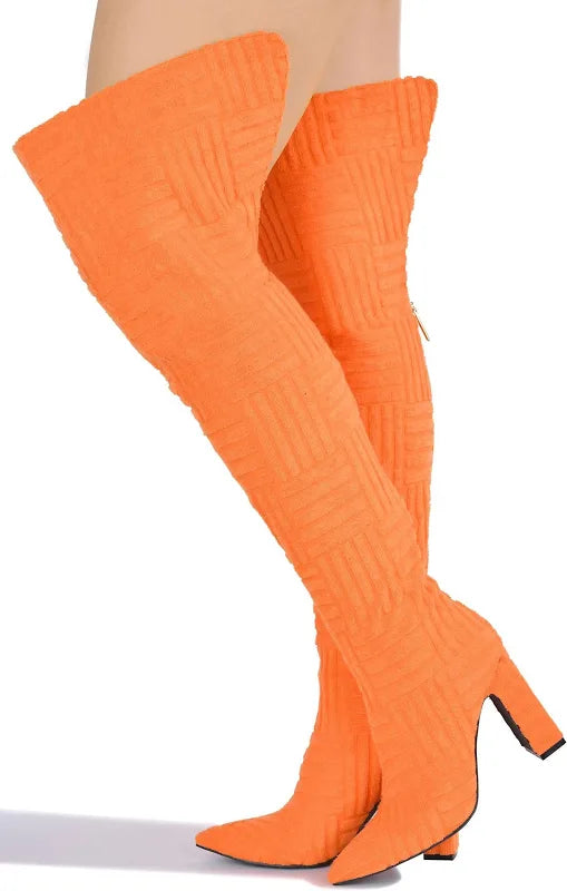 Orangey Thigh High Heel Boots - Orange