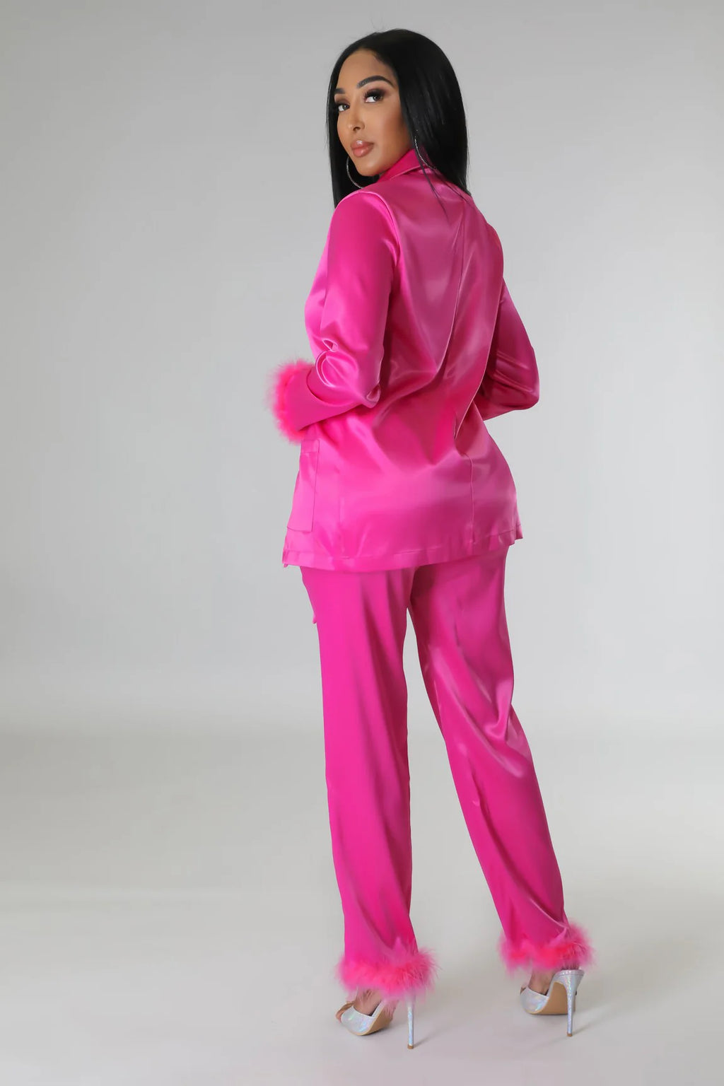Classy Satin - Fur 2 Piece Pants Set