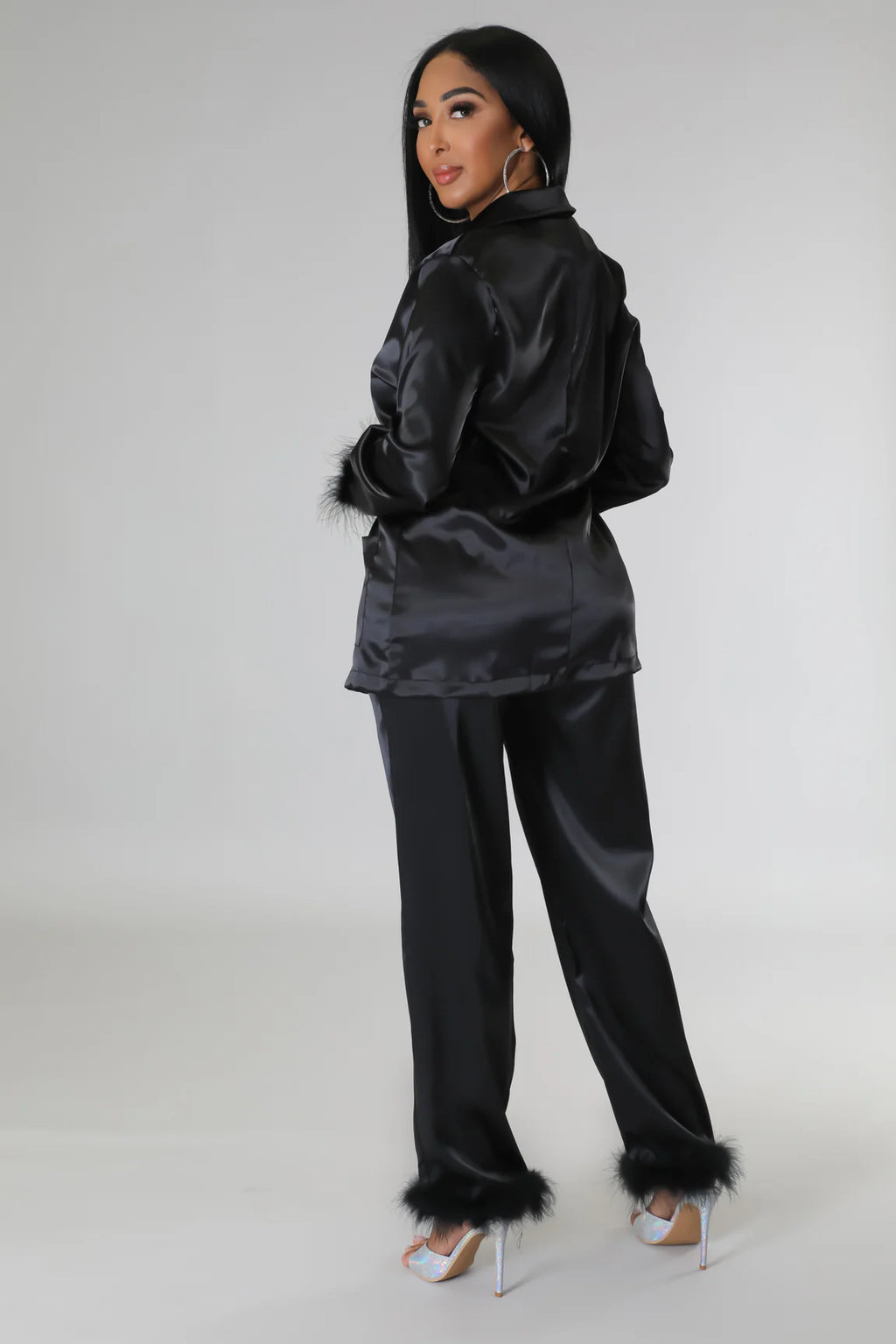 Classy Satin - Fur 2 Piece Pants Set