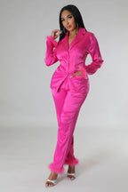 Classy Satin - Fur 2 Piece Pants Set