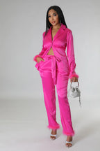 Classy Satin - Fur 2 Piece Pants Set
