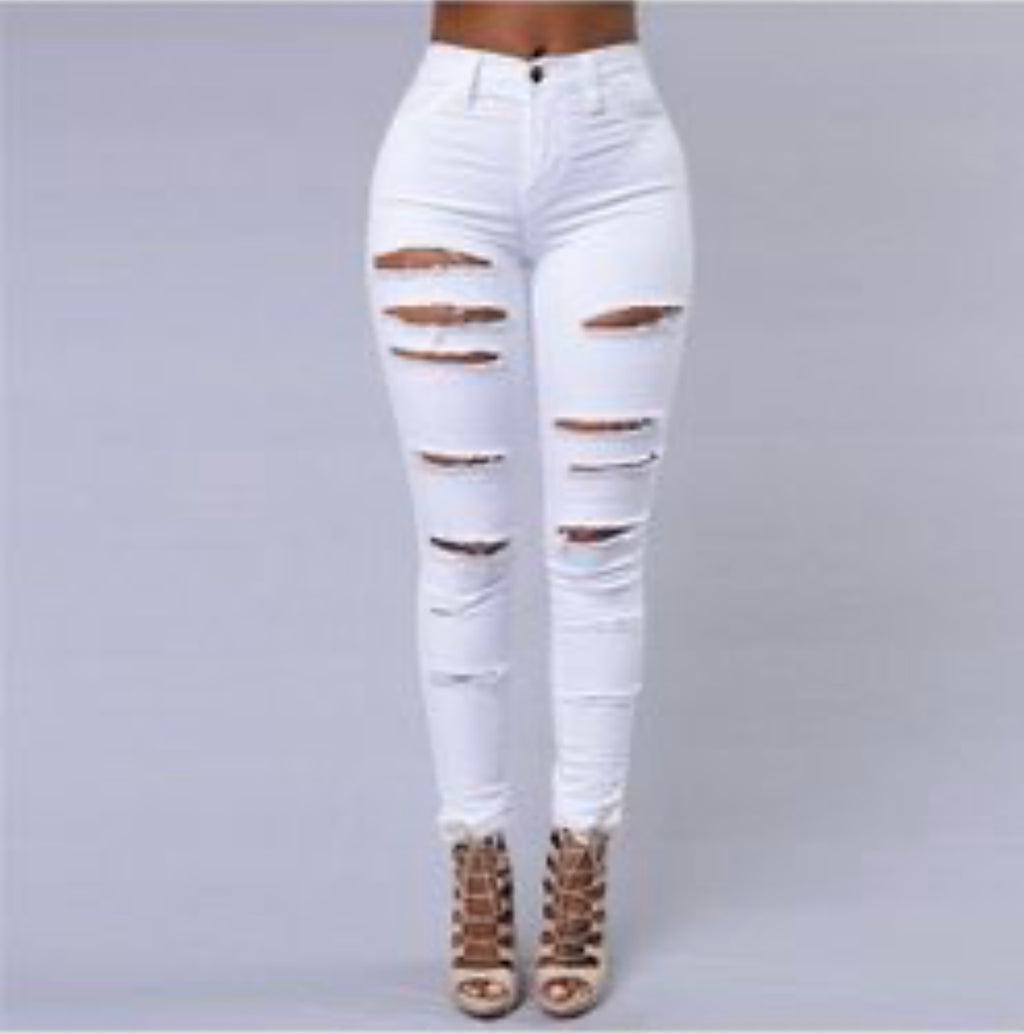 In Distress Fitted Jeans - White