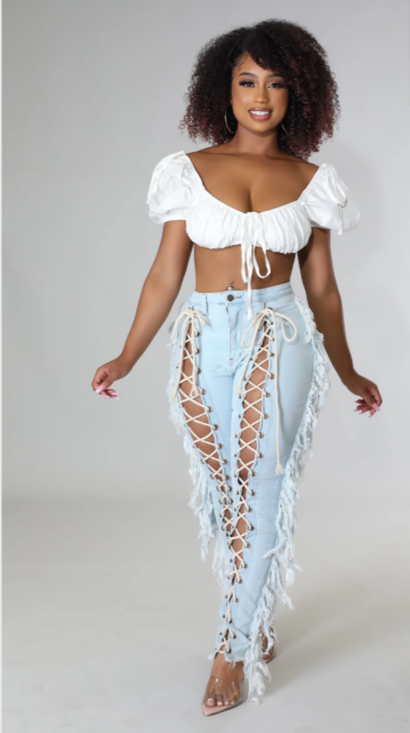 So Xtra - Laced-Up Light Blue Denim Jeans