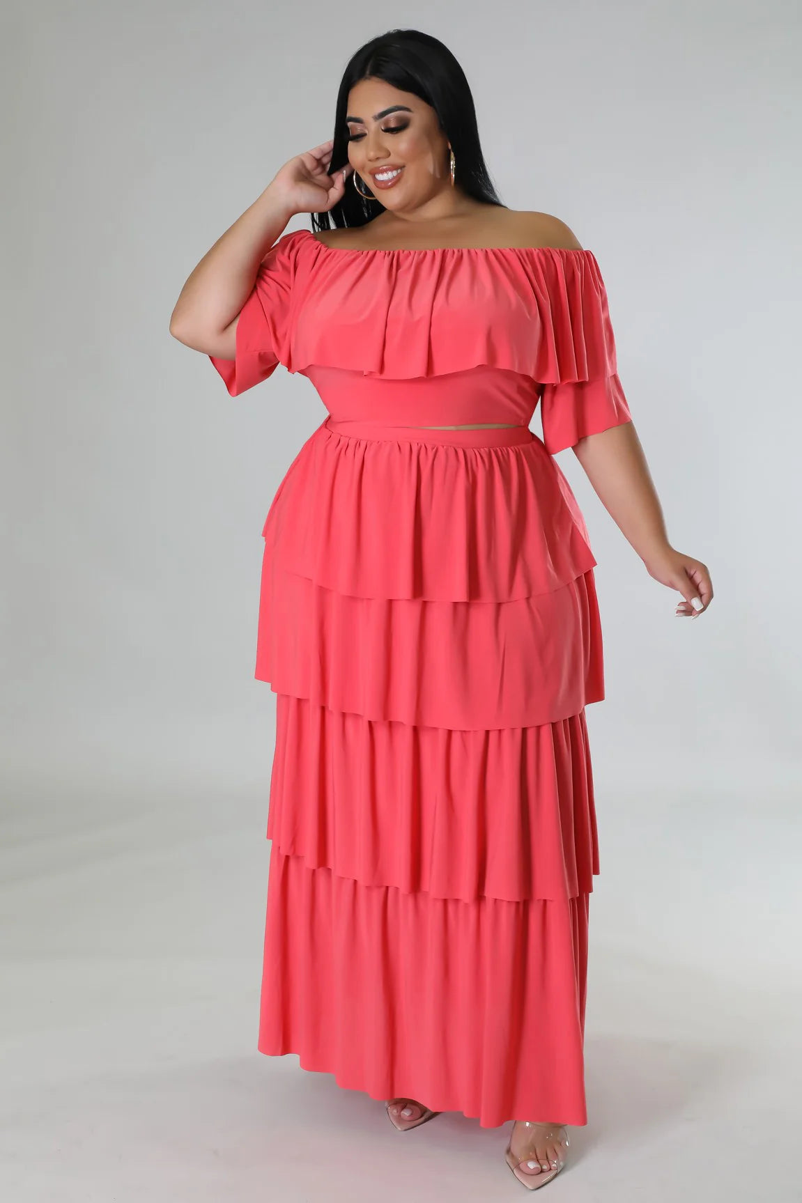 Crowd Pleaser+ - Long Maxi Coral Skirt 2 Piece Set