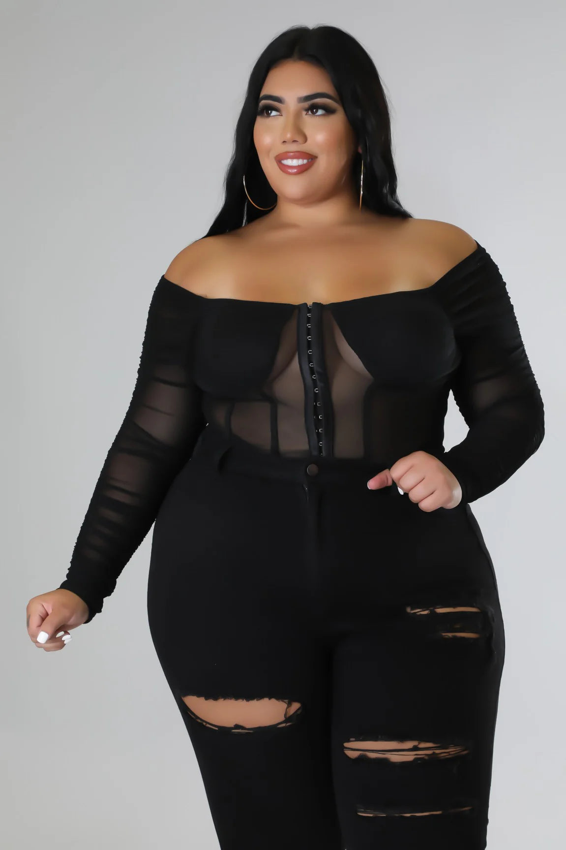 Sheer Lov’n+ Off Shoulders Bodysuit Top - Black
