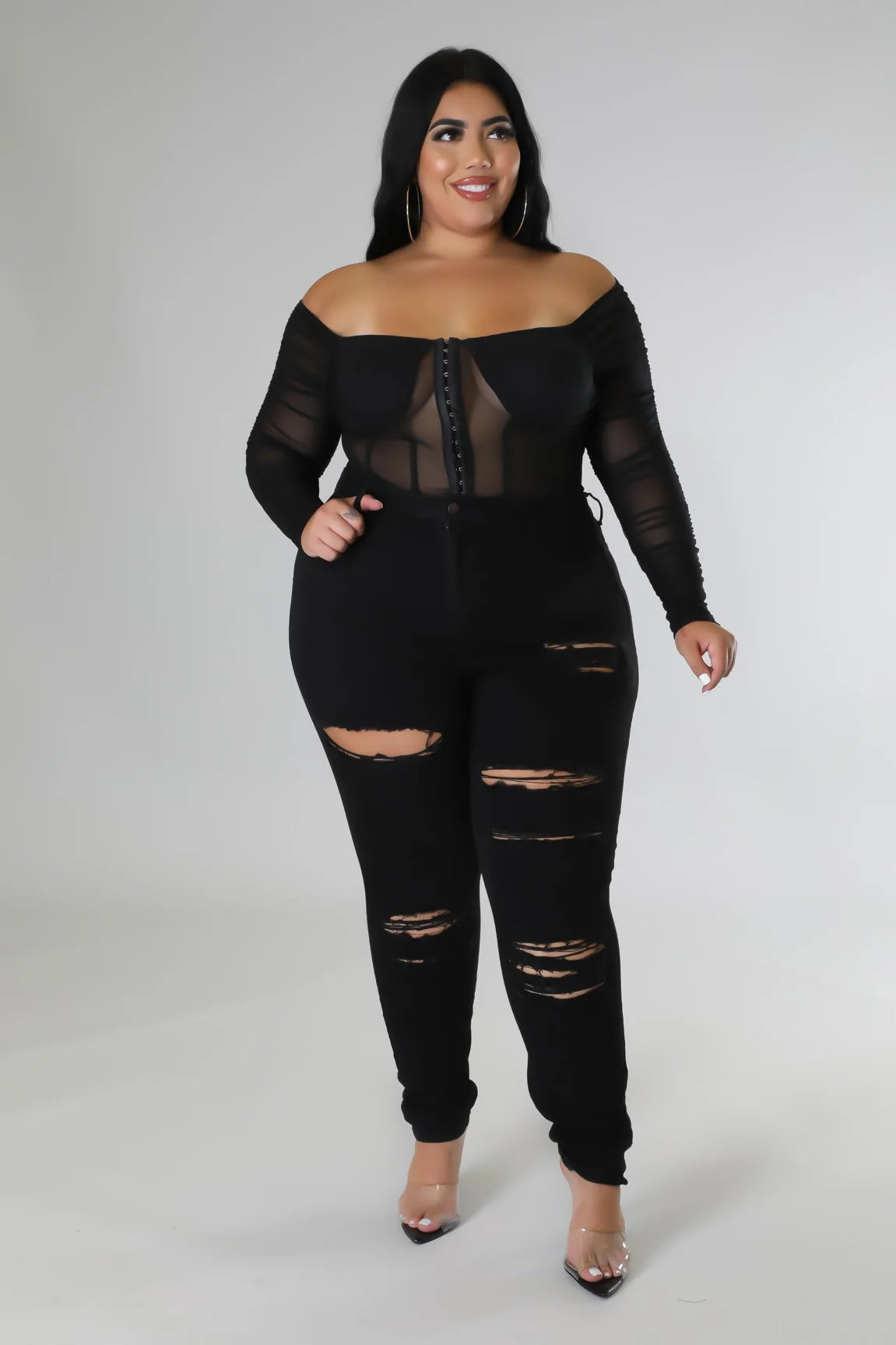 Sheer Lov’n+ Off Shoulders Bodysuit Top - Black