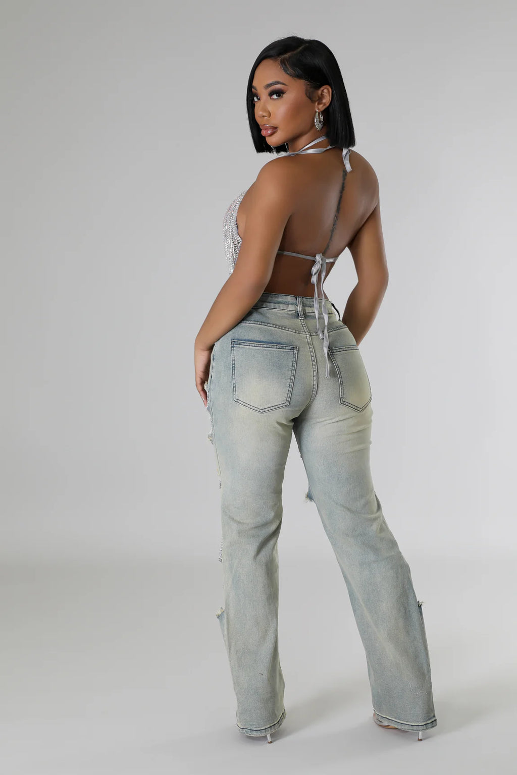 Baddie Mood Rhinestone Jeans - Light Blue