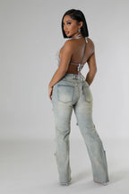 Baddie Mood Rhinestone Jeans - Light Blue