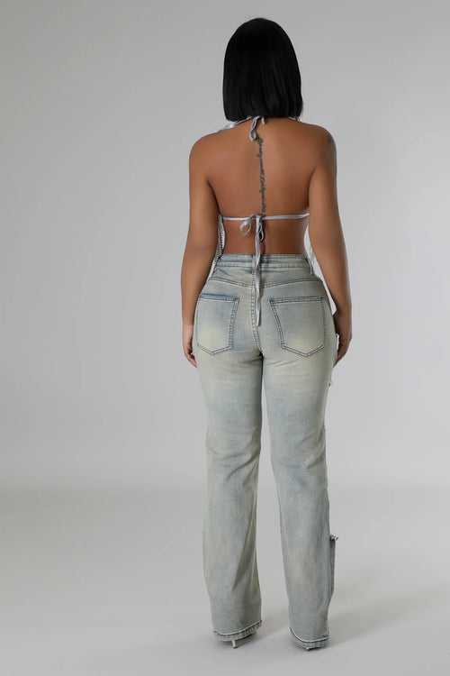 Baddie Mood Rhinestone Jeans - Light Blue