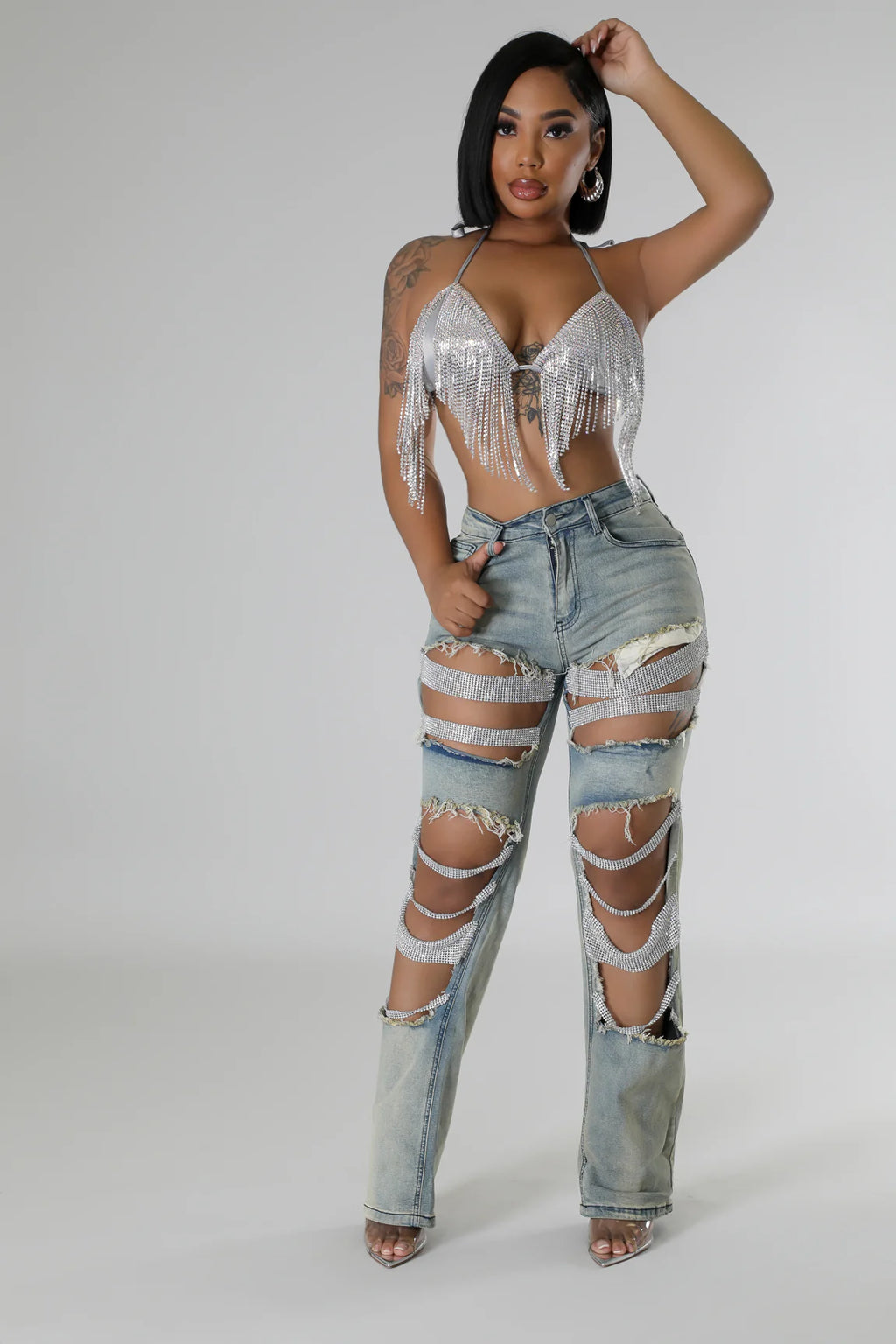 Baddie Mood Rhinestone Jeans - Light Blue