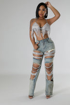 Baddie Mood Rhinestone Jeans - Light Blue