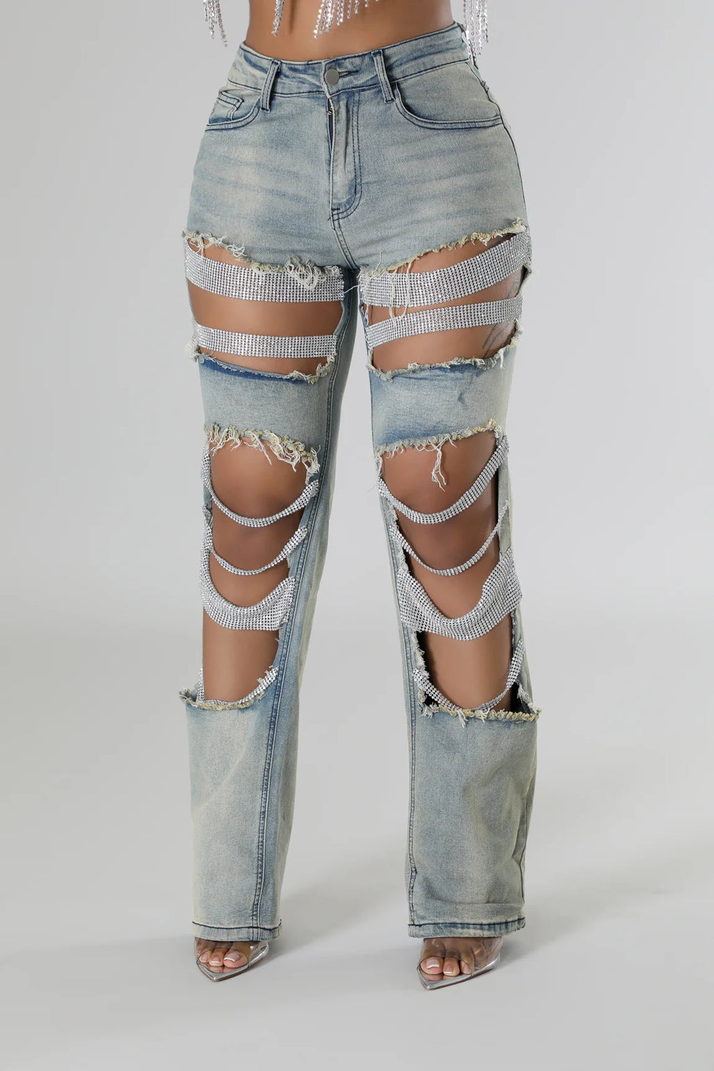 Baddie Mood Rhinestone Jeans - Light Blue