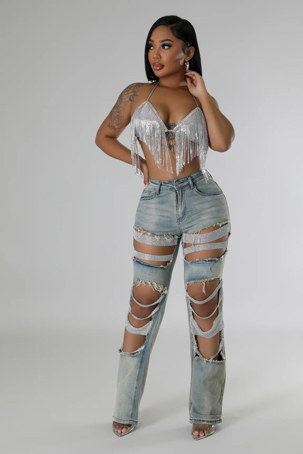 Baddie Mood Rhinestone Jeans - Light Blue