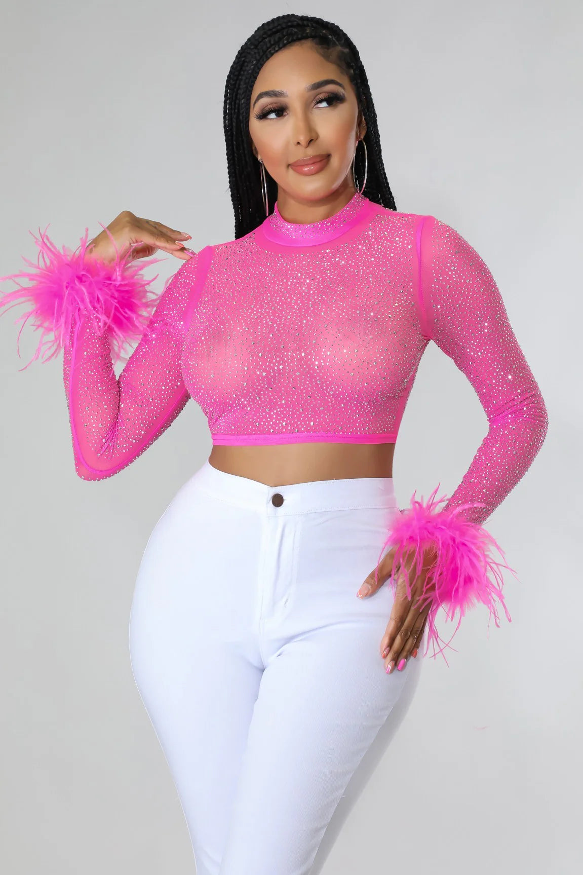 Sheer Up Rhinestone Crop Top - Pretty in Pink
