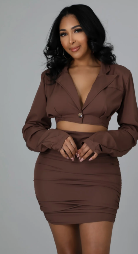 Ma Mocha Teaser 2 Piece Mini Skirt Set - Mocha
