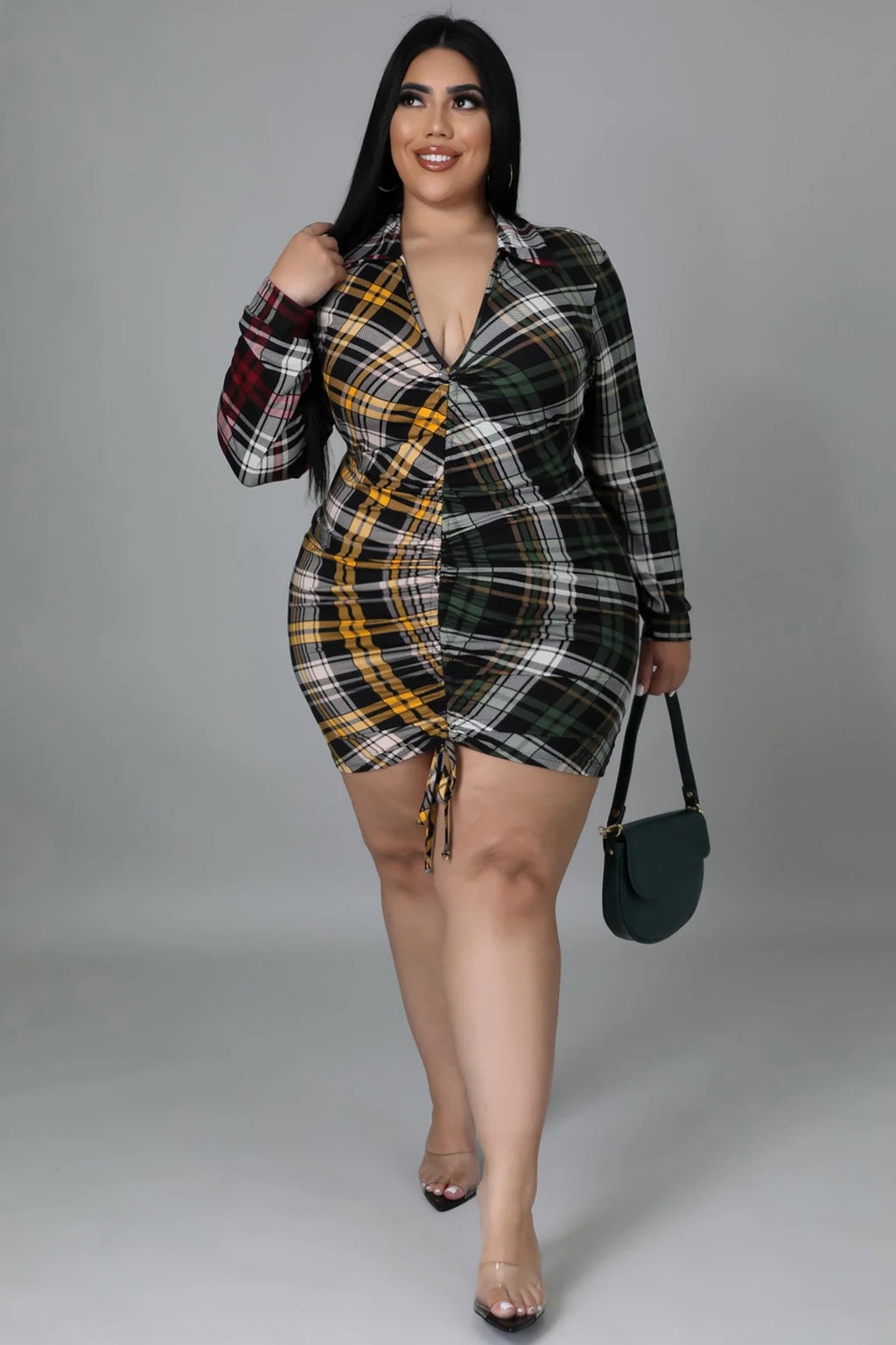 Confuse Them+ - Plaid Drawstring Mini Dress