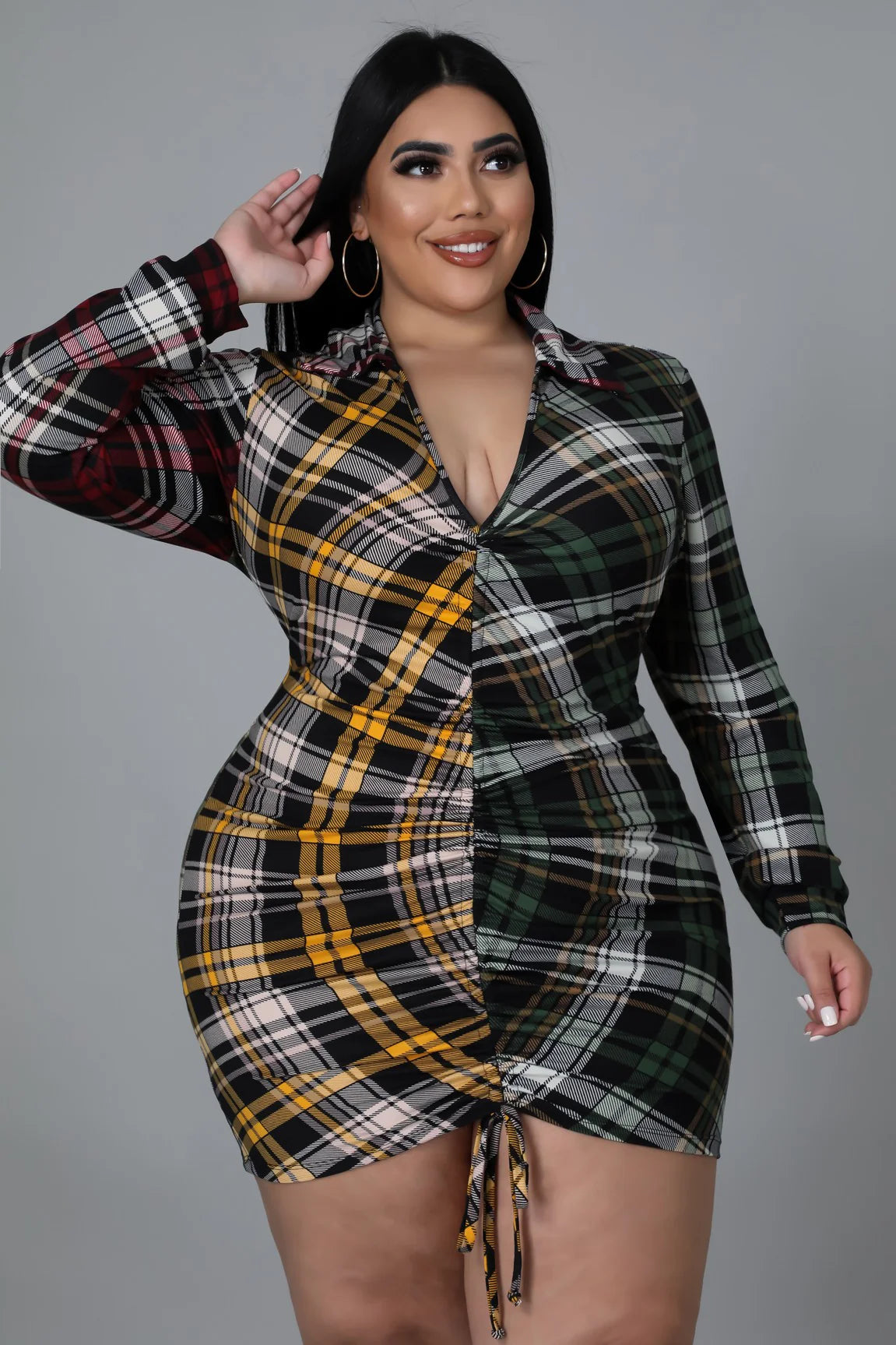 Confuse Them+ - Plaid Drawstring Mini Dress