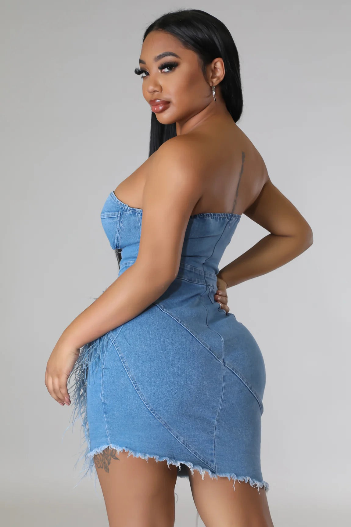 Knot Enough- Chic Feather Denim Mini Dress