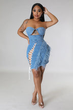 Knot Enough- Chic Feather Denim Mini Dress