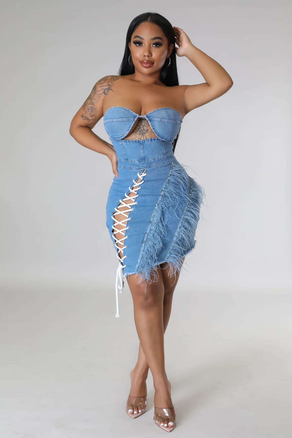 Knot Enough- Chic Feather Denim Mini Dress