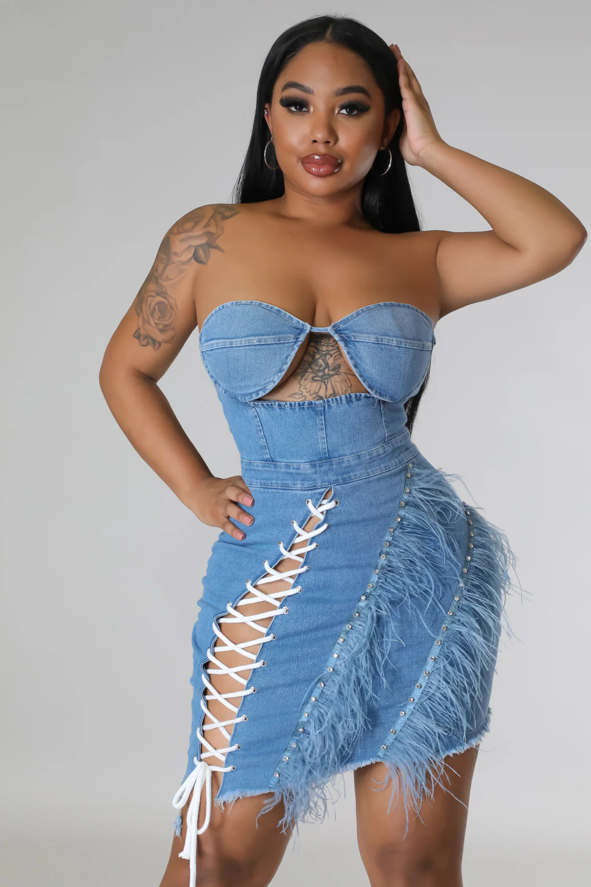 Knot Enough- Chic Feather Denim Mini Dress