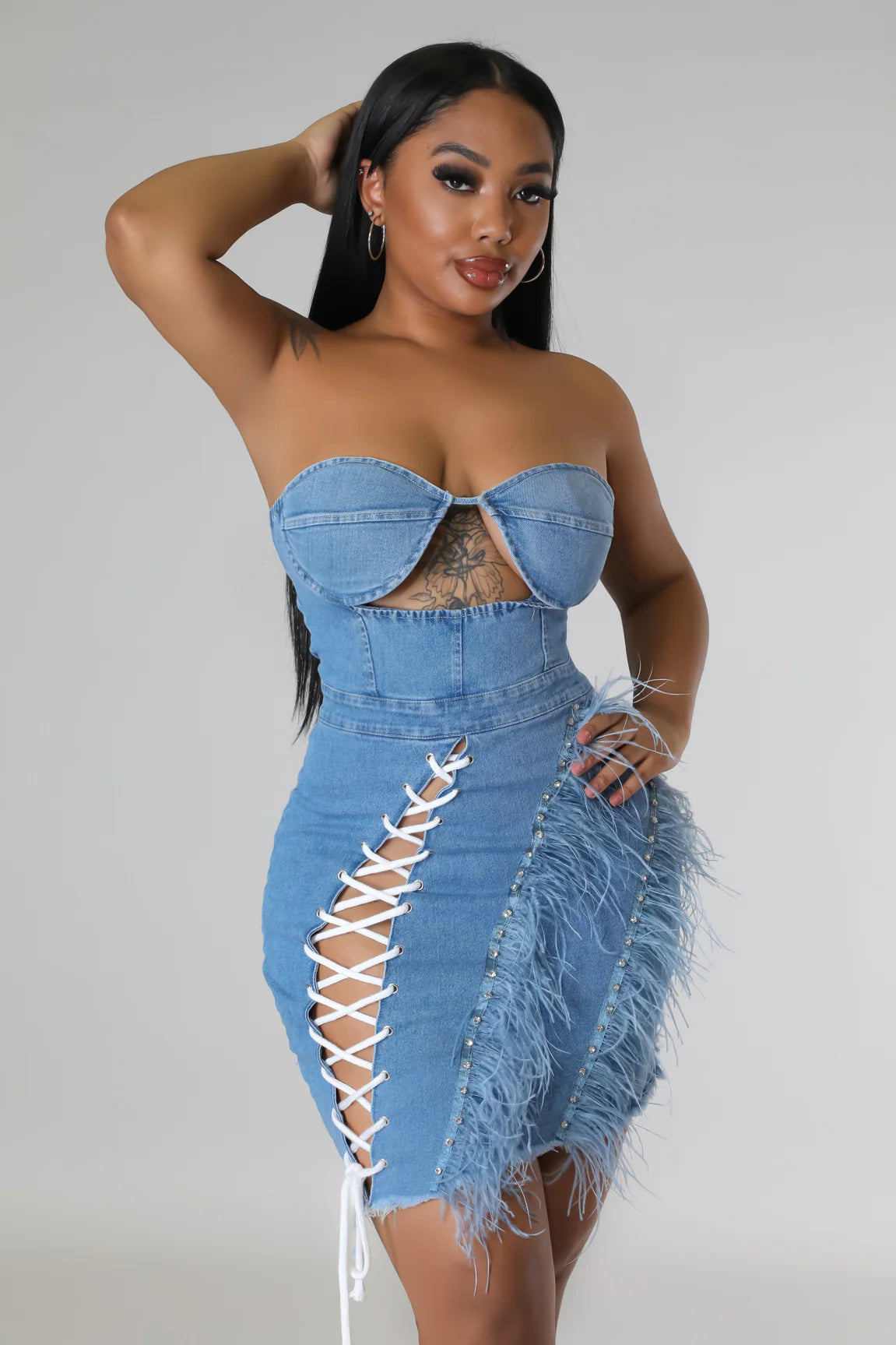 Knot Enough- Chic Feather Denim Mini Dress