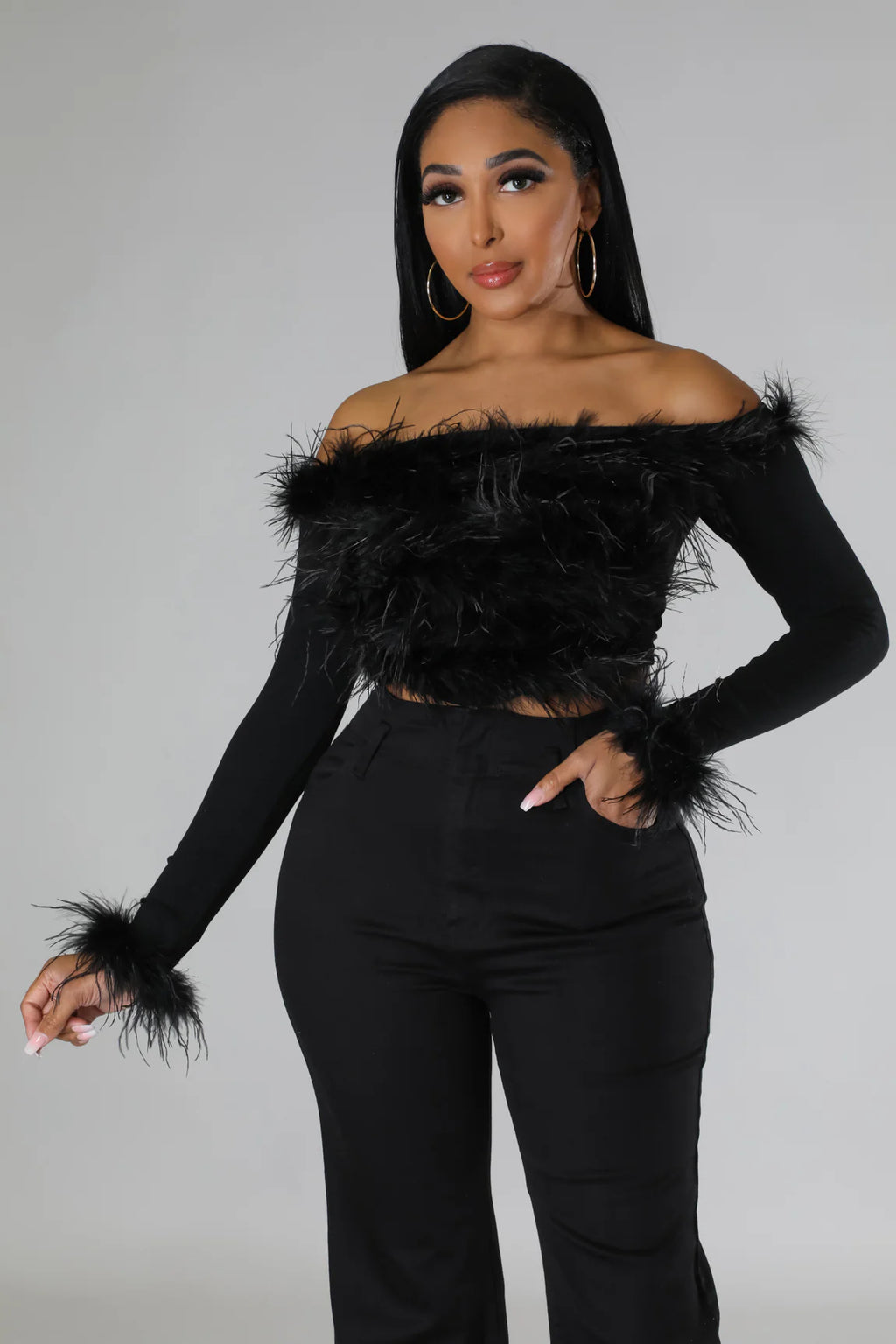 Fur Goddess - Off Shoulder Black Crop Top