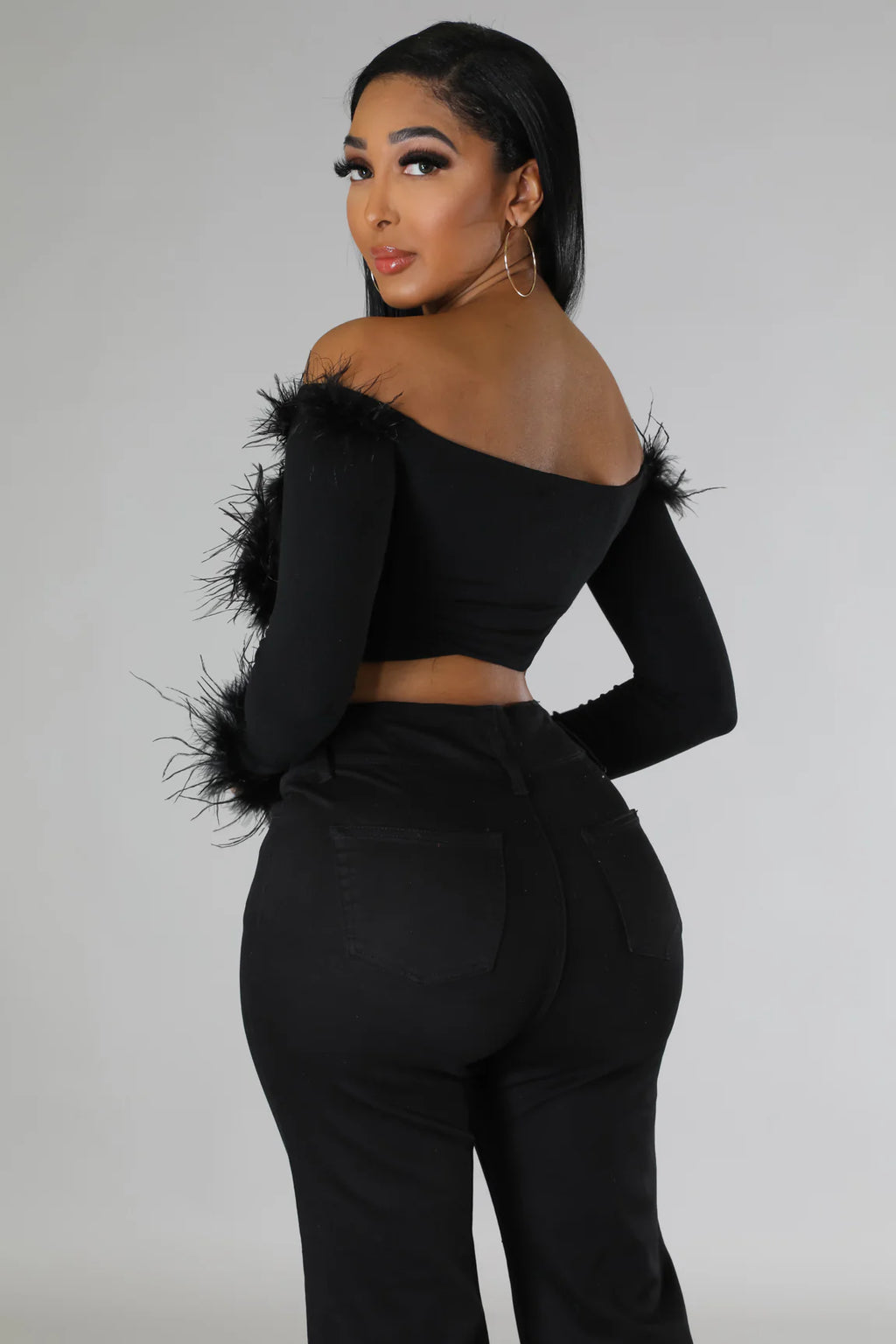 Fur Goddess - Off Shoulder Black Crop Top