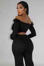 Fur Goddess - Off Shoulder Black Crop Top