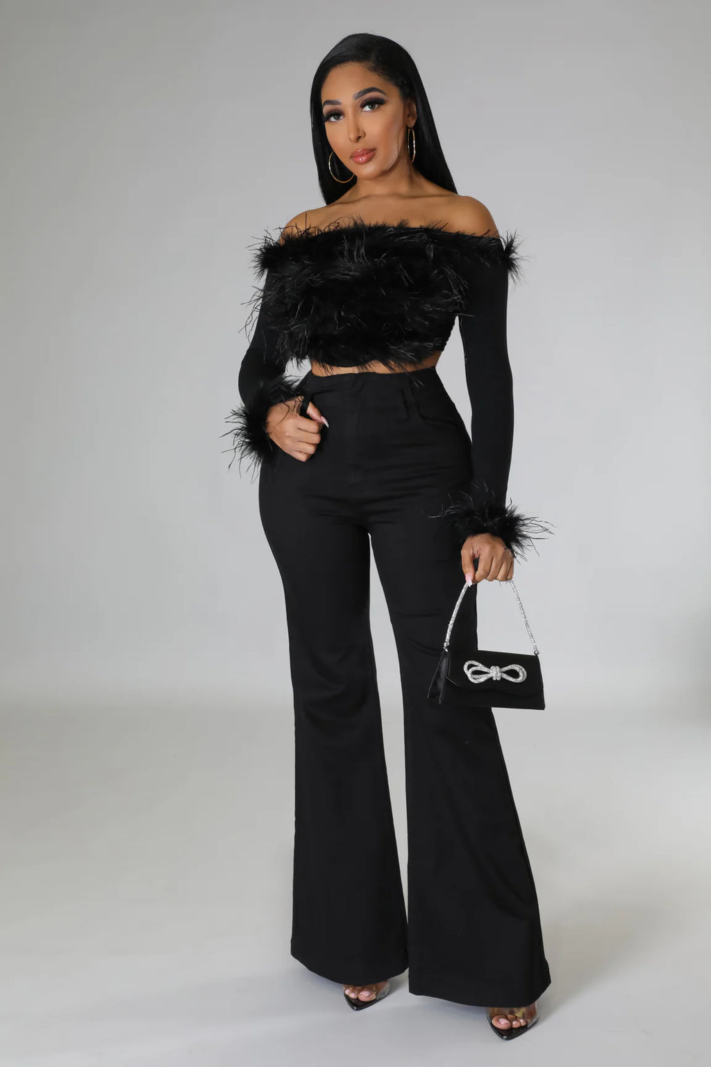 Fur Goddess - Off Shoulder Black Crop Top