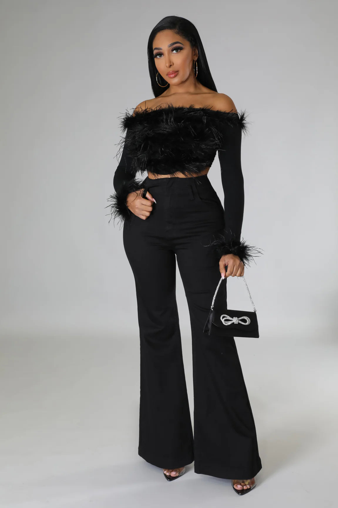Fur Goddess - Off Shoulder Black Crop Top