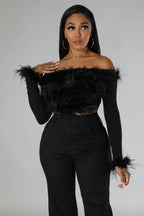 Fur Goddess - Off Shoulder Black Crop Top