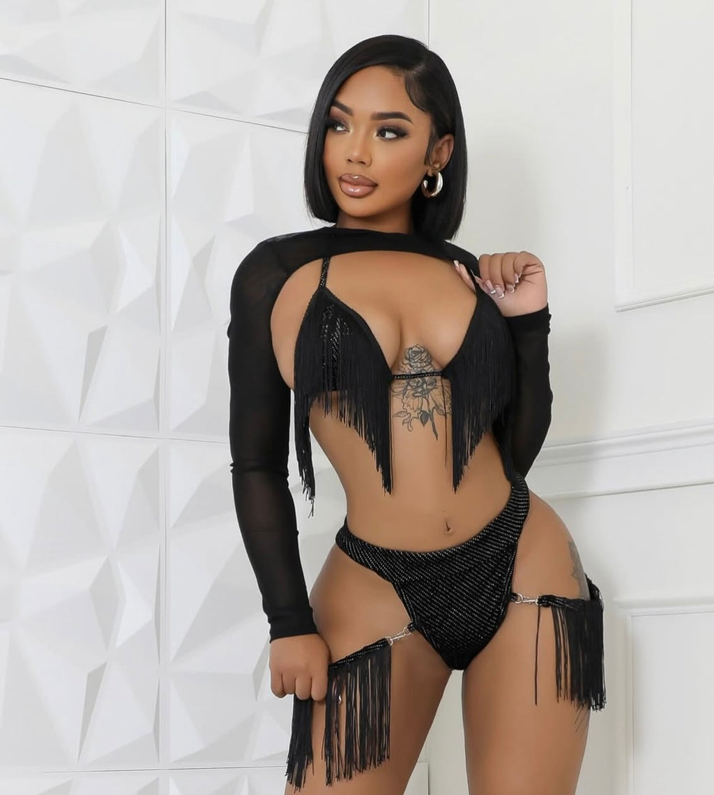 Cowgirl - Black Tassel 3 Piece Swimsuit Set