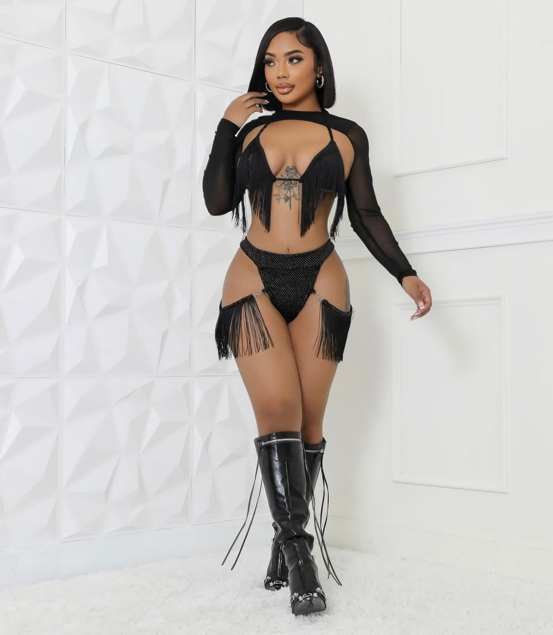 Cowgirl - Black Tassel 3 Piece Swimsuit Set