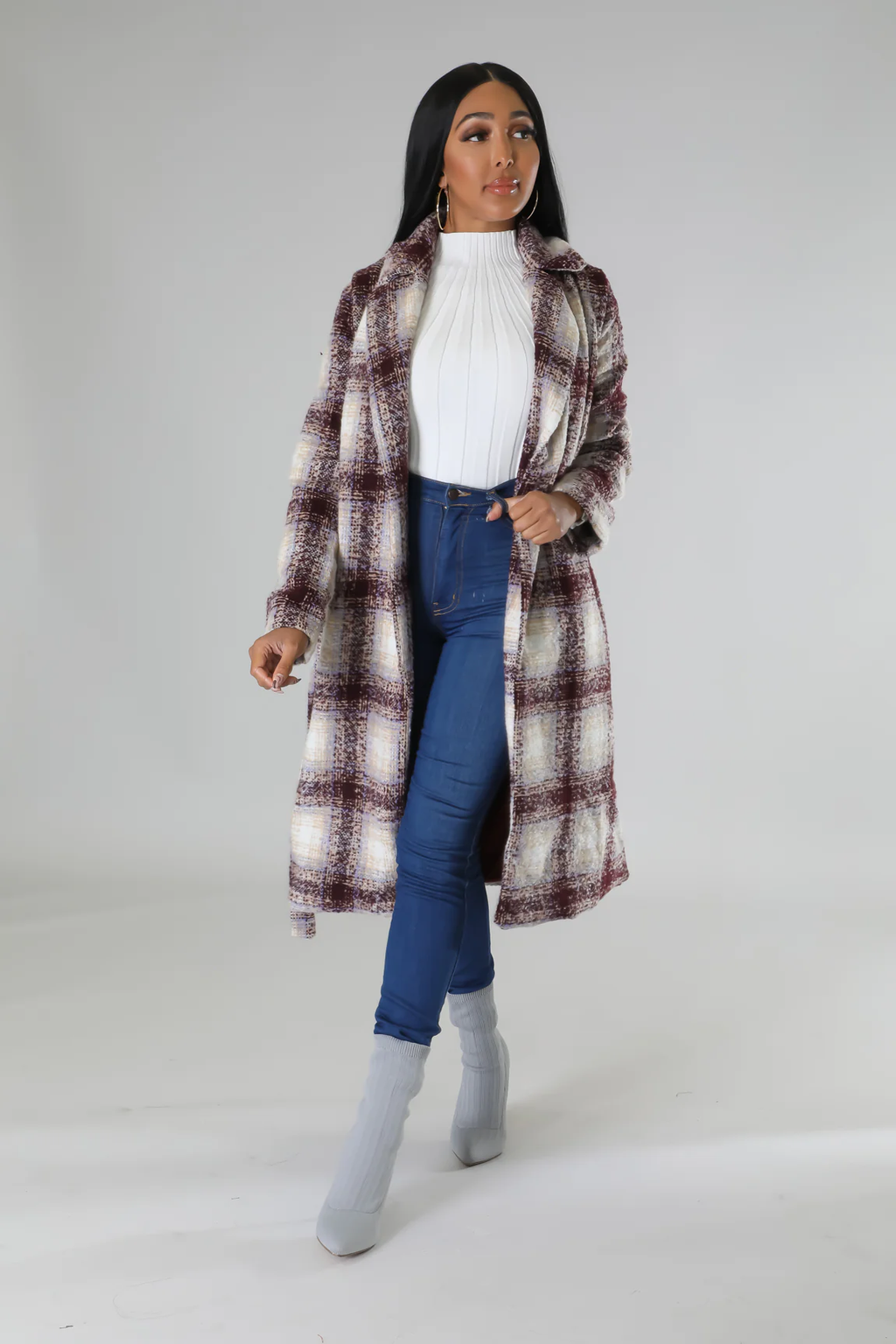 Cold Shoulder Trench Coat - Tweed Plaid