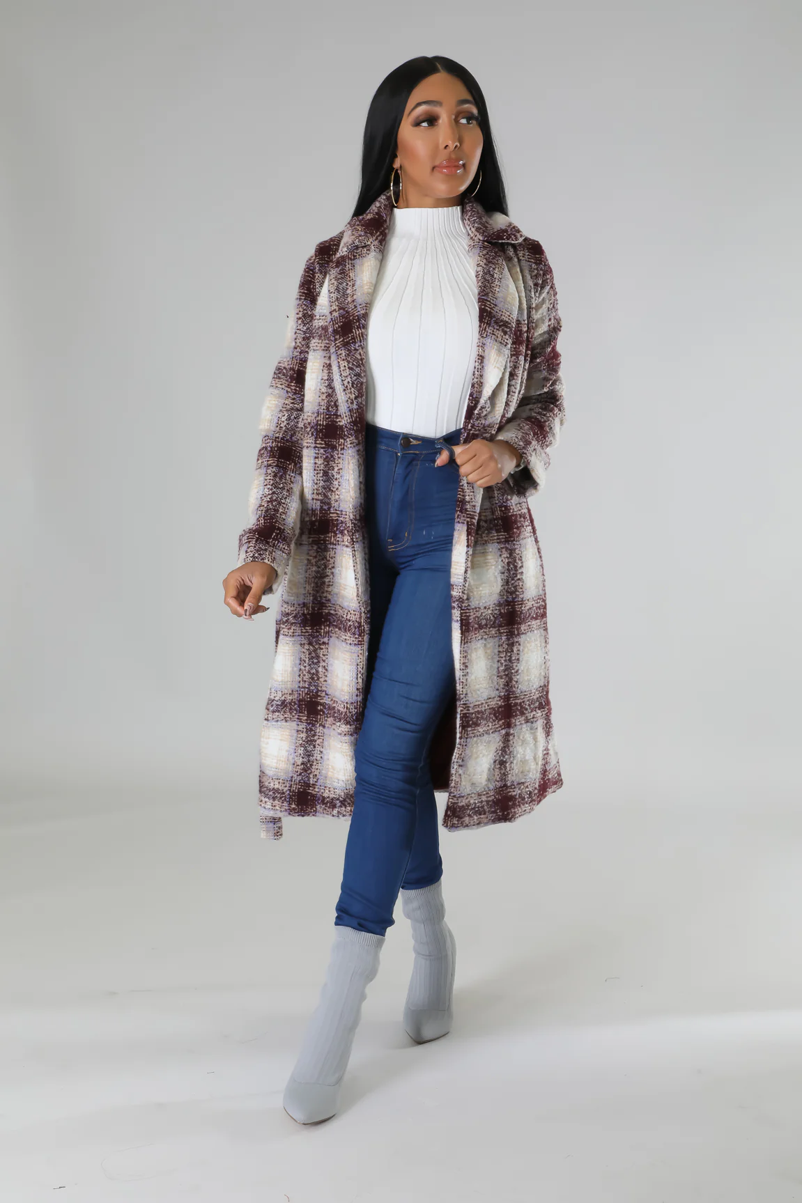 Cold Shoulder Trench Coat - Tweed Plaid