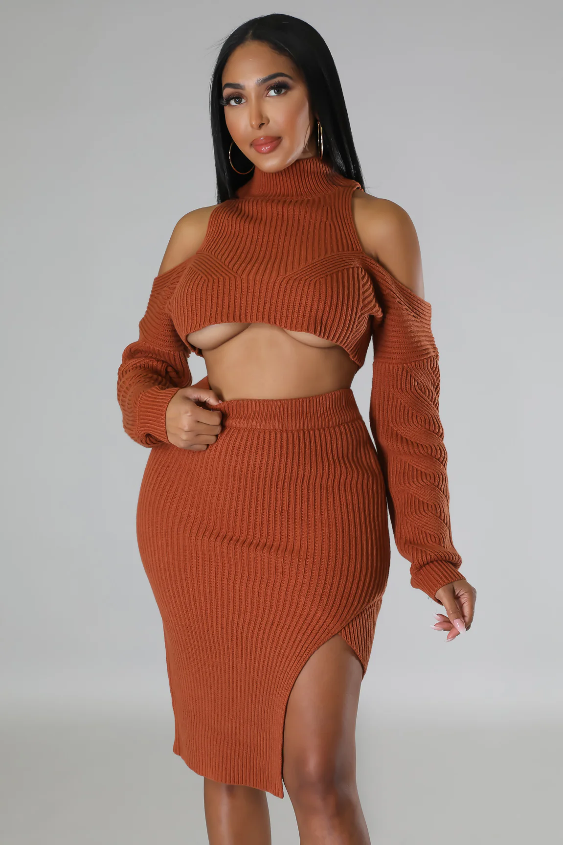 Just KT - Off Shoulders Cognac Midi Skirt Set