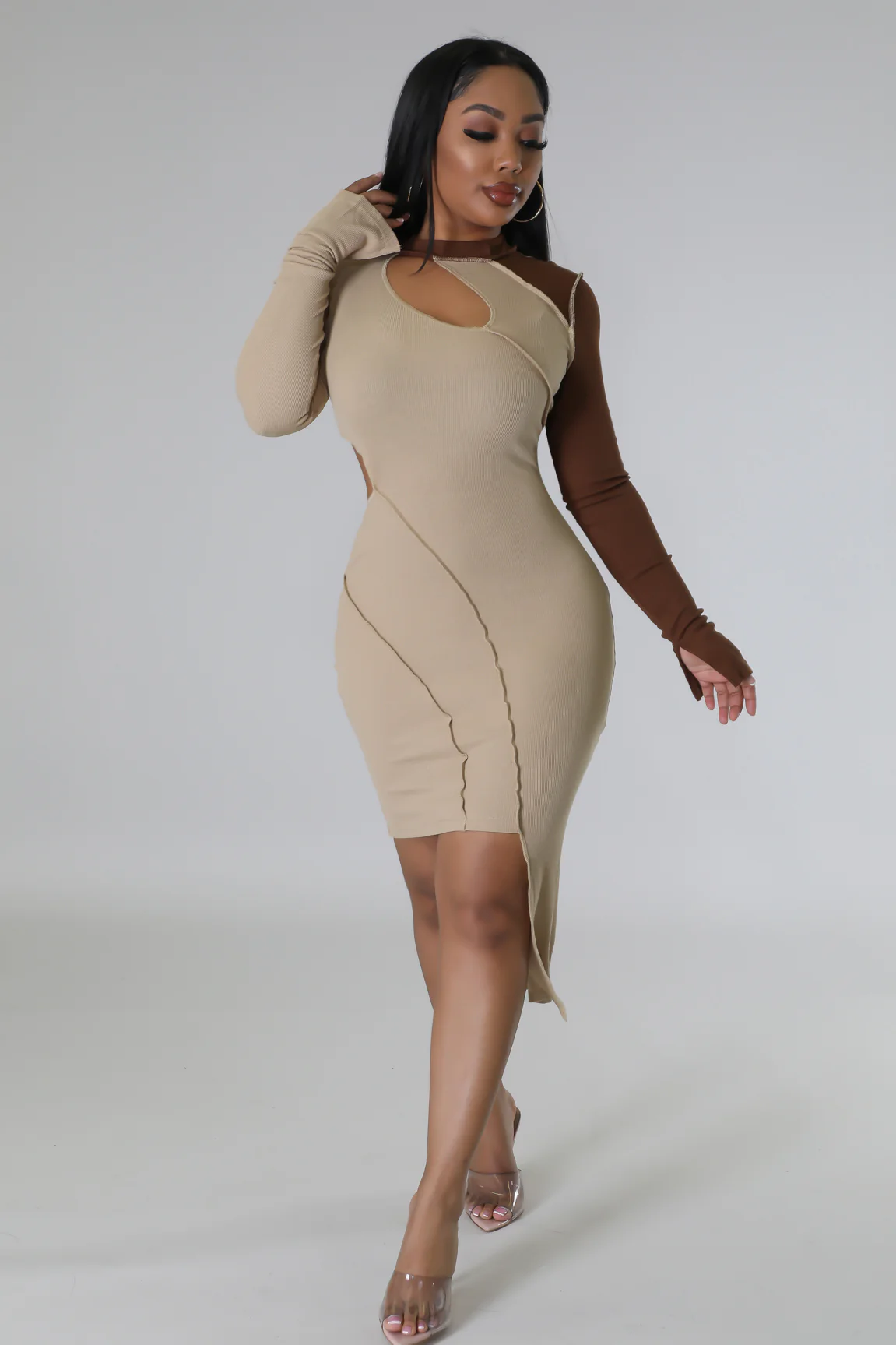 Everything - Nude Asymmetrical Mini Cutout Dress
