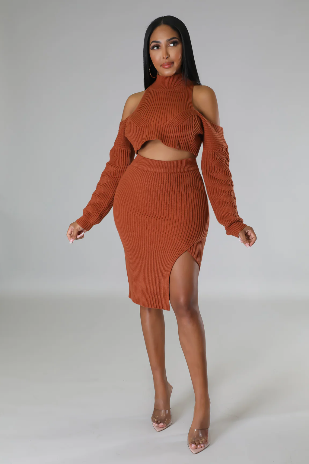 Just KT - Off Shoulders Cognac Midi Skirt Set