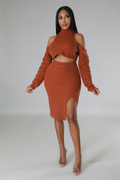 Just KT - Off Shoulders Cognac Midi Skirt Set