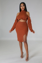 Just KT - Off Shoulders Cognac Midi Skirt Set