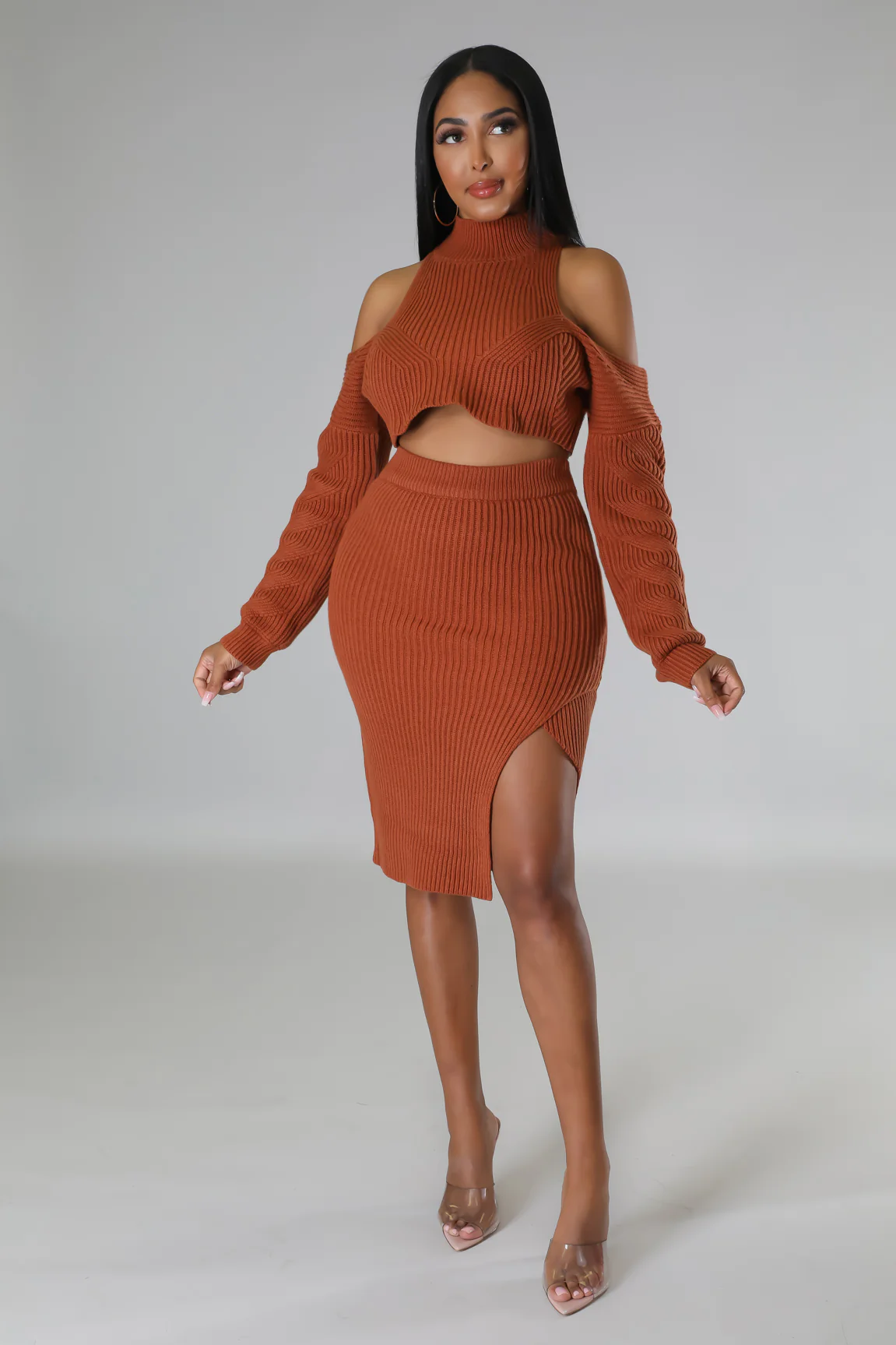 Just KT - Off Shoulders Cognac Midi Skirt Set